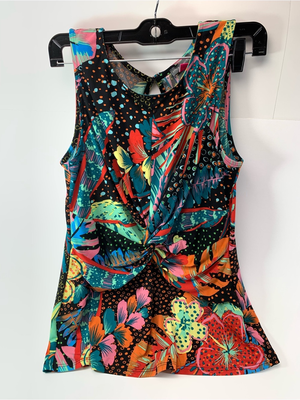 Vince Camuto Y2K Tropical Floral Knot Front Scoop Neck Tank Top M Resort Boho